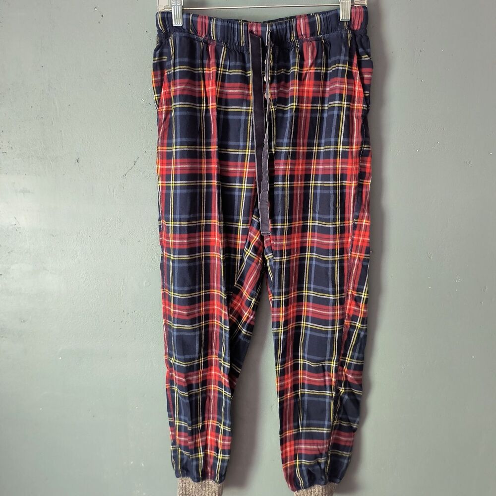 Aerie Pajama Pants Small Red Blue Plaid Paperbag Flannel Jogger Lounge Cozy PJs